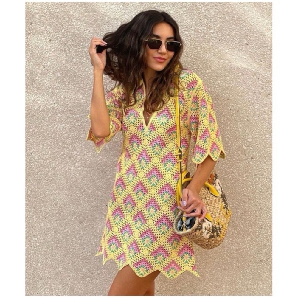 Zara Yellow Pink Green Crochet Mini Dress